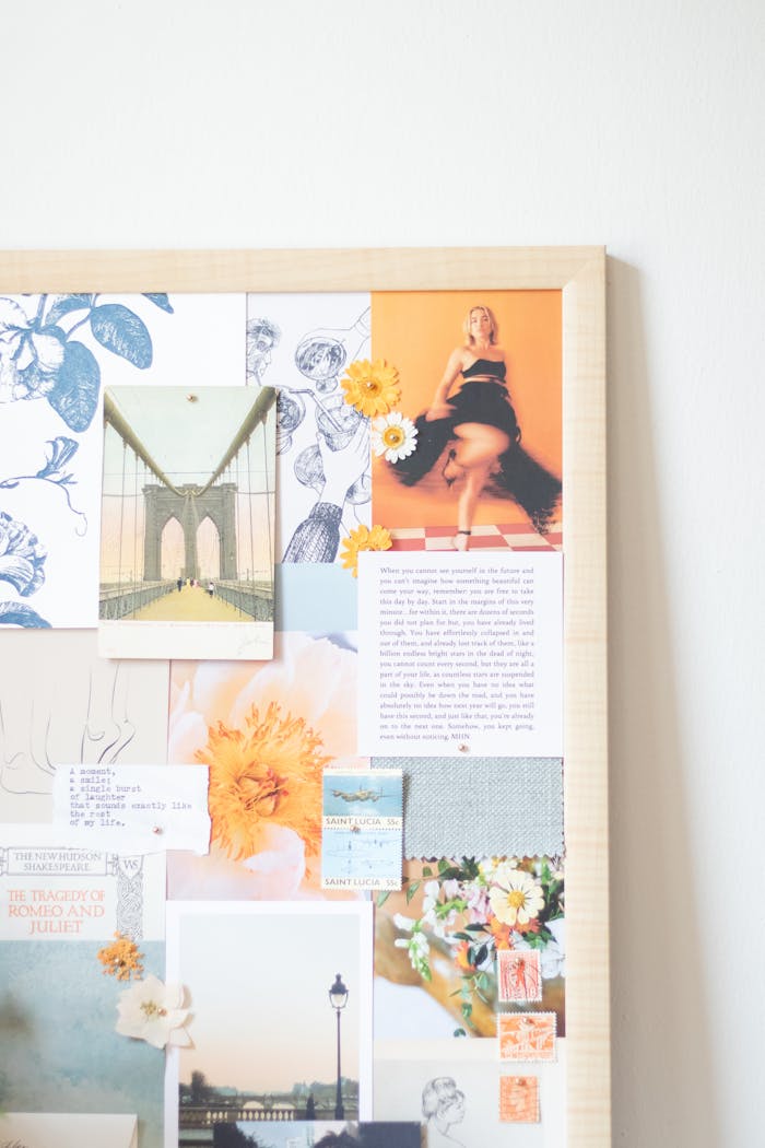 services-03 Aesthetic cork board collage featuring art prints, floral patterns, and personal photographs.